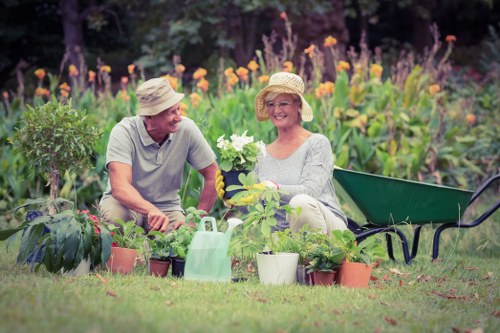 Secure payment icon over garden background